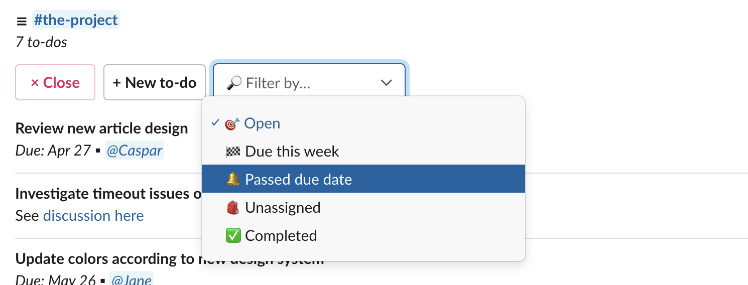 Filter drop-down in Slack