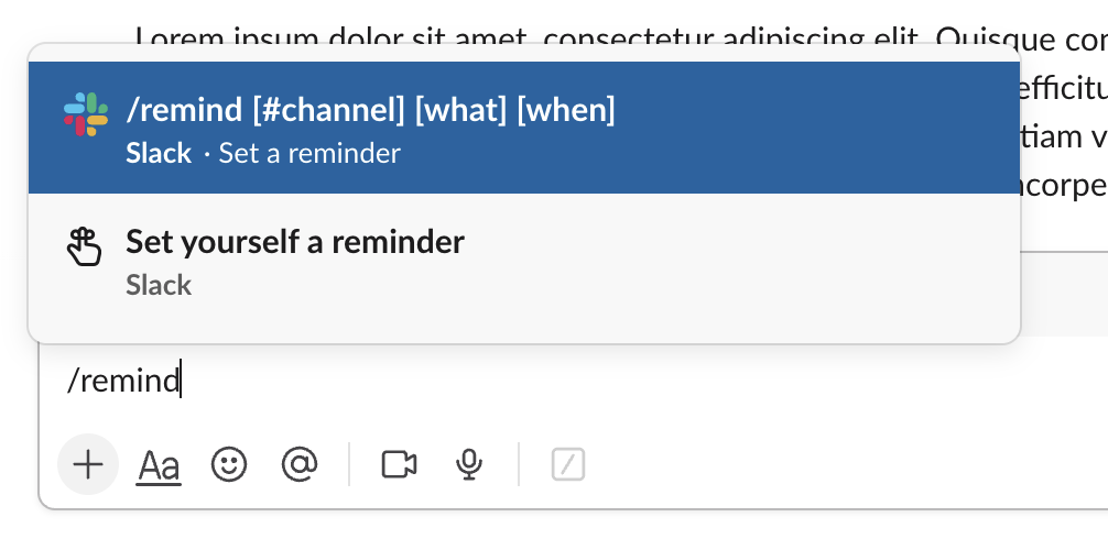 Slack /remind command autocomplete showing the syntax