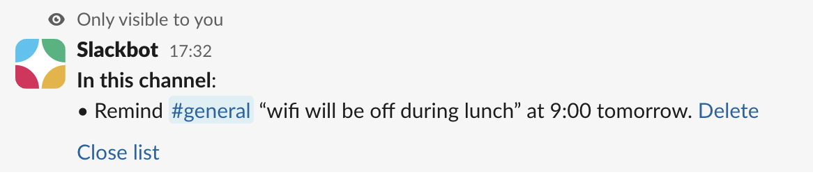 Output of /remind list showing channel reminders