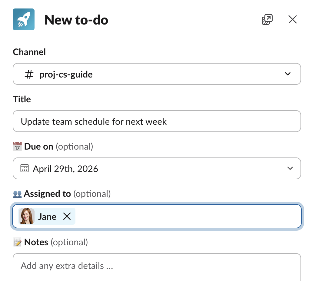 New to-do dialog with channel, title, due date, and assignee filled in