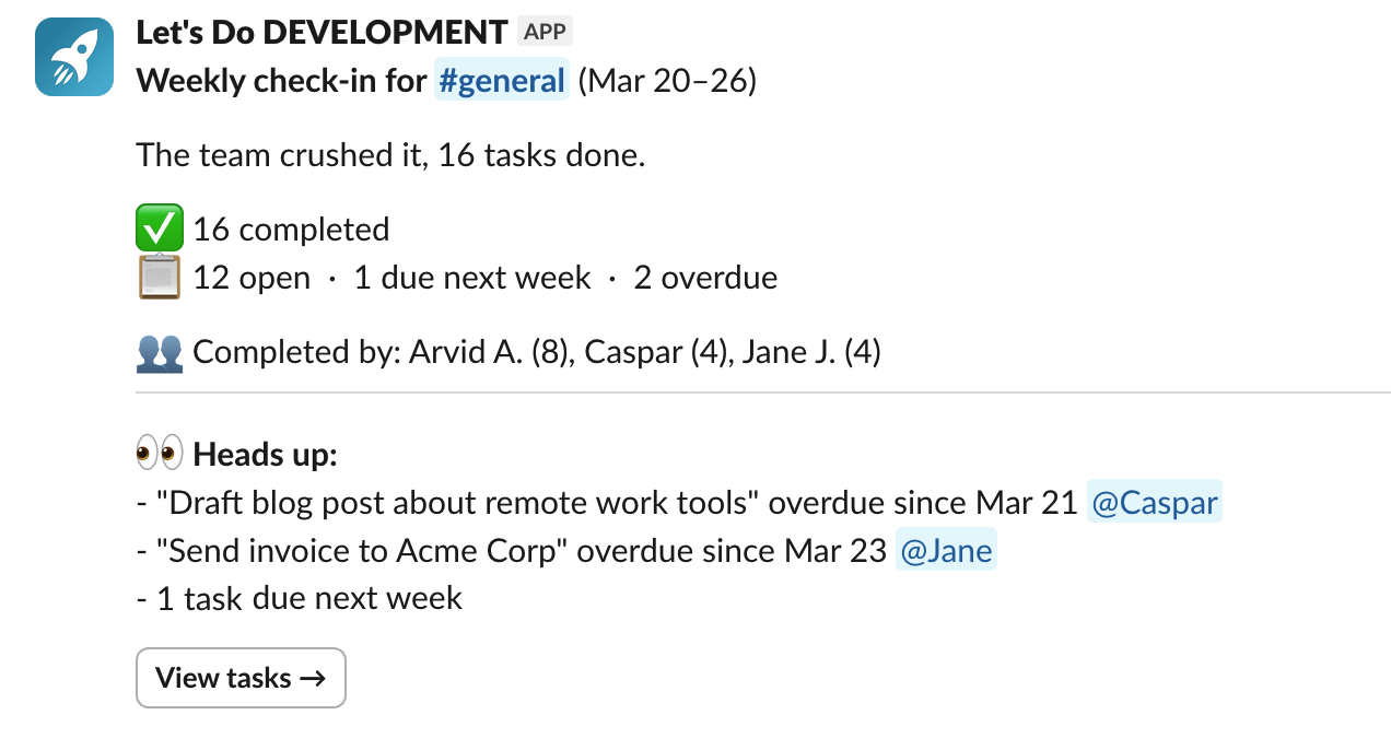 Example of a weekly check-in message in Slack